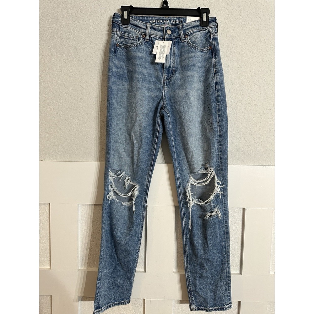 NWT American Eagle Strigid Super High Rise Mom Jeans Size 4 27w Holes